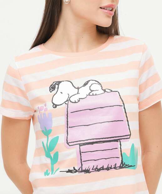 Camisola Estampa Listrada Manga Curta Snoopy