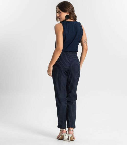Calça Alfaiataria Cenoura De Risca Giz Style Box Azul