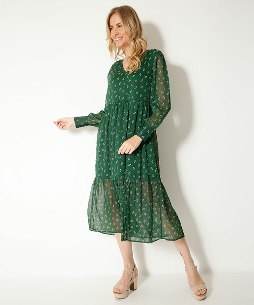 Vestido Feminino Tule Estampado Manga Longa Marisa