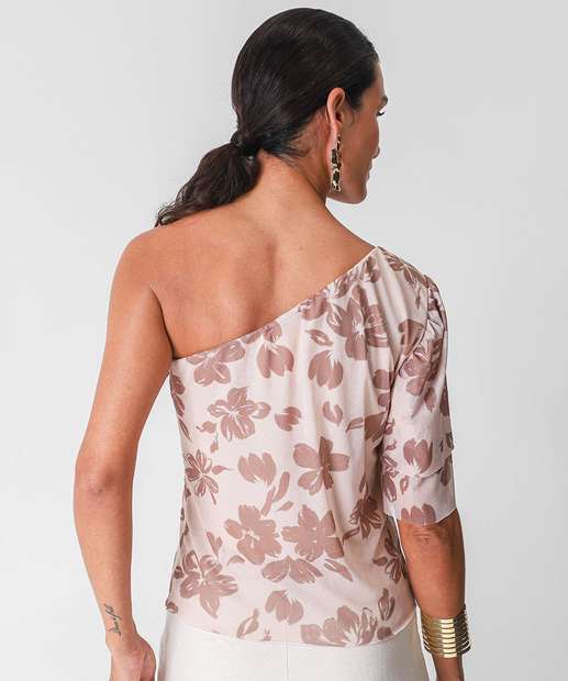 Blusa Feminina Ombro Só Tule Flores Marisa Bege