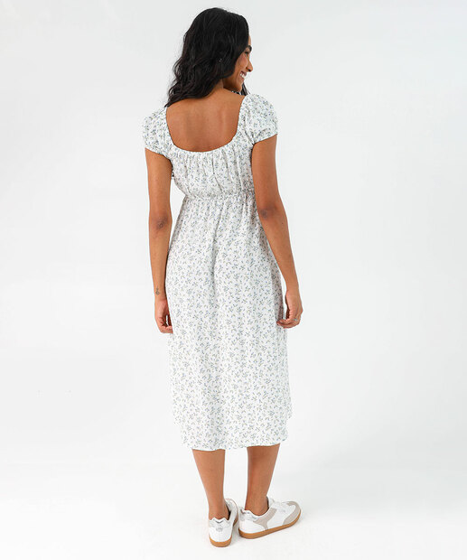 Vestido Feminino Midi Estampa Flores Marisa Branco