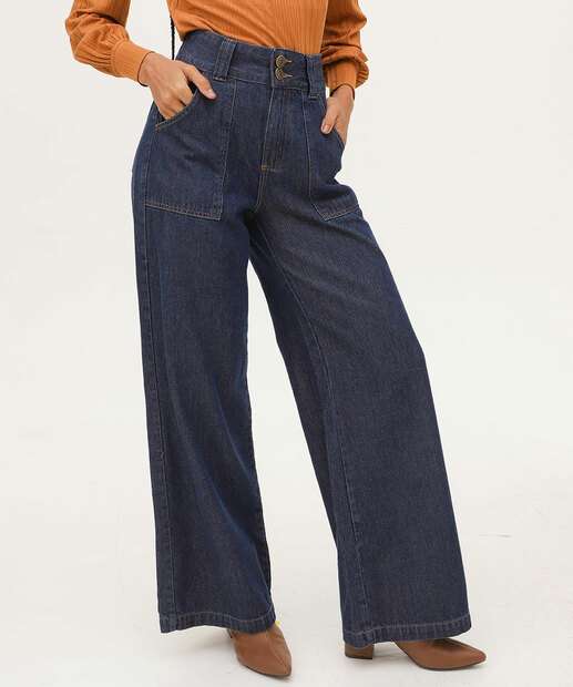 Calça Jeans Pantalona Feminina Bolsos Marisa