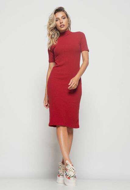 Image_Vestido  Midi Manga Curta Canelado Vermelho