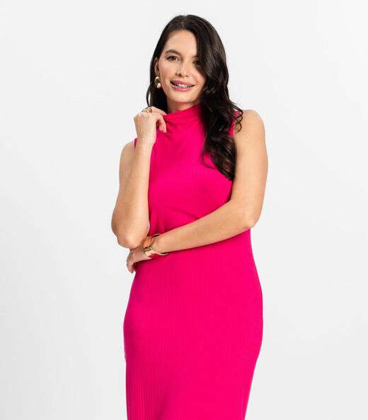 Vestido Midi Ribana Canelada Rovitex Rosa