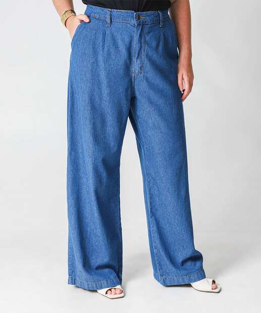 Calça Plus Size Feminina Wide Leg Jeans Azul