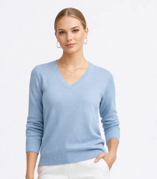 Image_Suéter Feminino Gola V em Tricot Rovitex Azul
