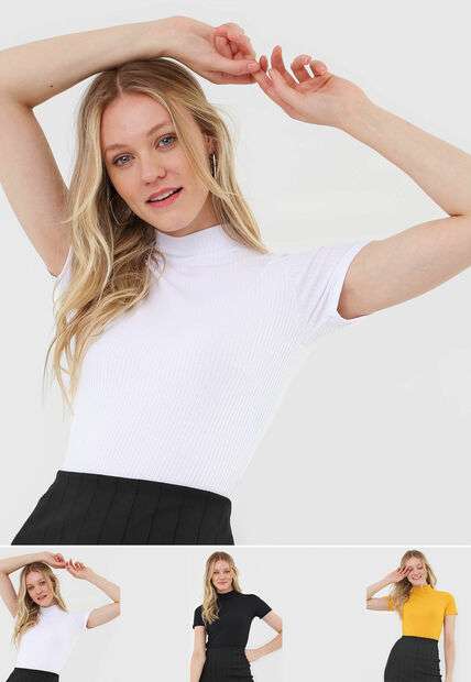 Image_Kit 3 Blusas  Gola Alta Comfy Malha Canelada Preta, Branca e Mostarda