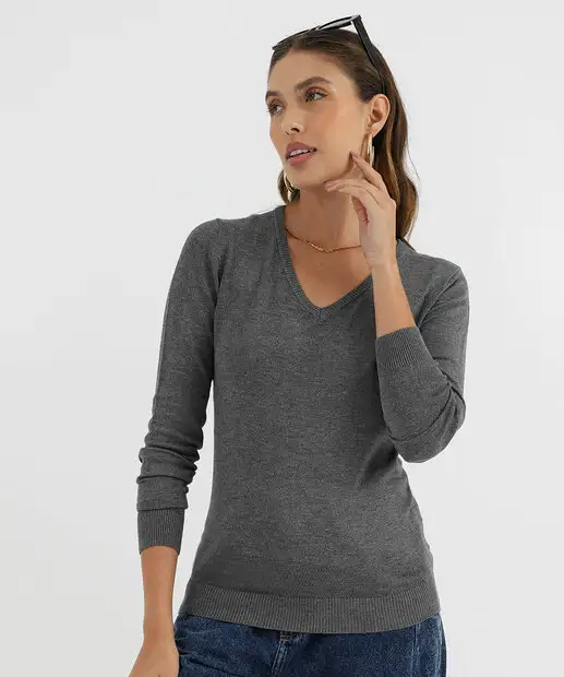 Image_Suéter Feminino Mescla Gola V Marisa Cinza