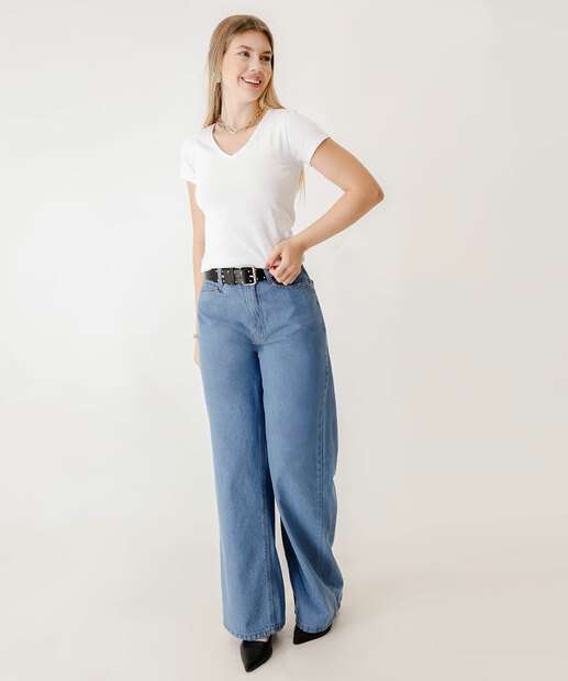 Calça Jeans Wide Leg Bolsos Feminina Marisa