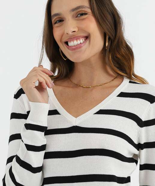 Suéter Feminino Listrado Gola V Marisa Branco