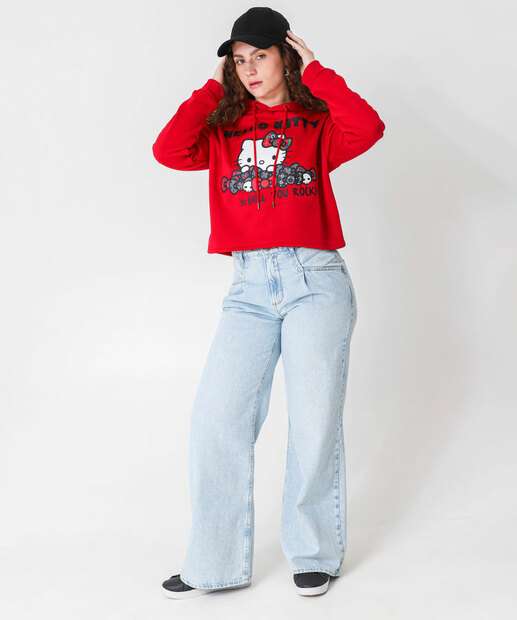Blusão Feminino Cropped Moletom Hello Kitty Vermelho
