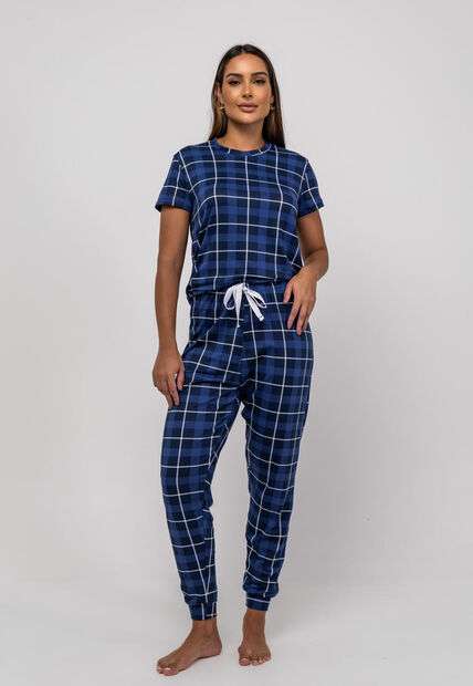 Image_Pijama Calça e Blusa M/C Malha Xadrez Azul Salvatore Fashion