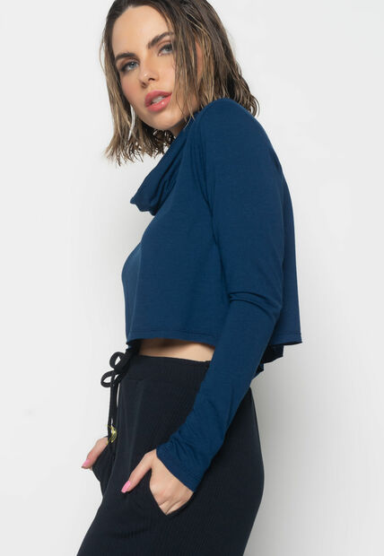 Cropped Golão Manga Longa Malha  Fashion Azul