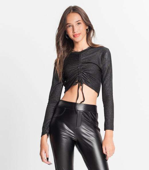 Blusa Feminina Manga Longa Ribana Canelada Minty Preto