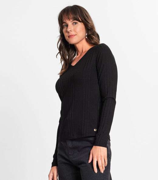 Blusa Manga Longa Em Ribana Canelada Rovitex Preto