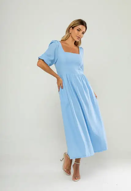 Vestido Longo Com Decote Reto E Manga Bufante 3/4 Azul Salvatore