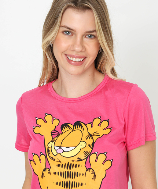 Pijama Feminino Manga Curta Estampa Garfield Rosa 