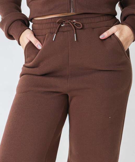 Calça Moletom Wide Leg Feminina Marisa Marrom