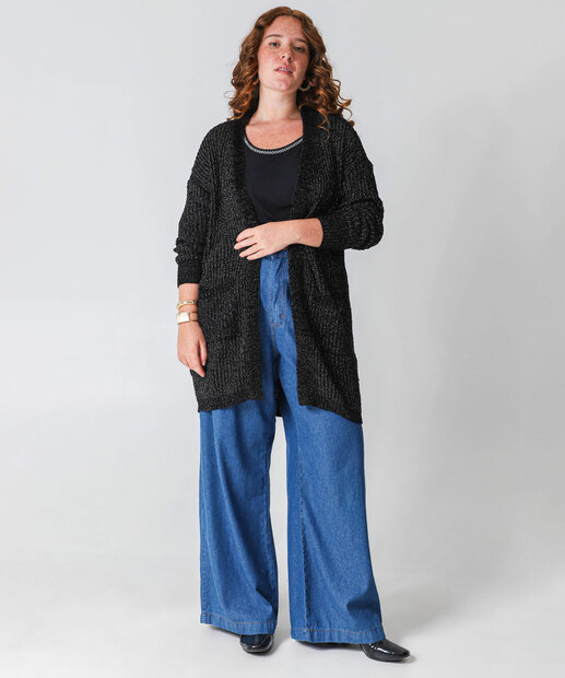 Cardigan Plus Size Feminino Chenille Brilho Lurex Marisa Preto