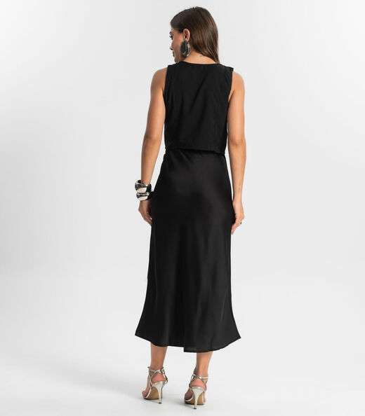 Saia Feminina Midi Acetinada Style Box Preto