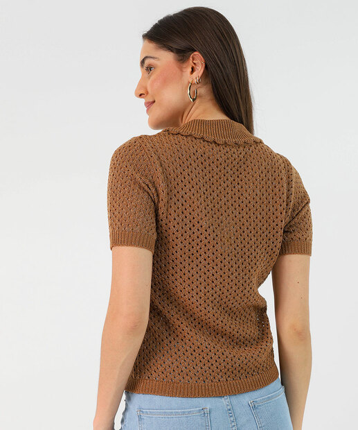 Blusa Feminina Polo Tricô Brilho Lurex Marisa Marrom