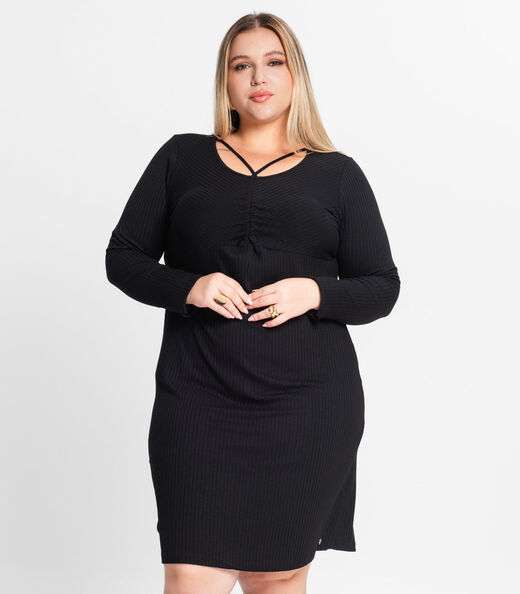 Vestido Plus Size Em Ribana Canelada Secret Glam Preto