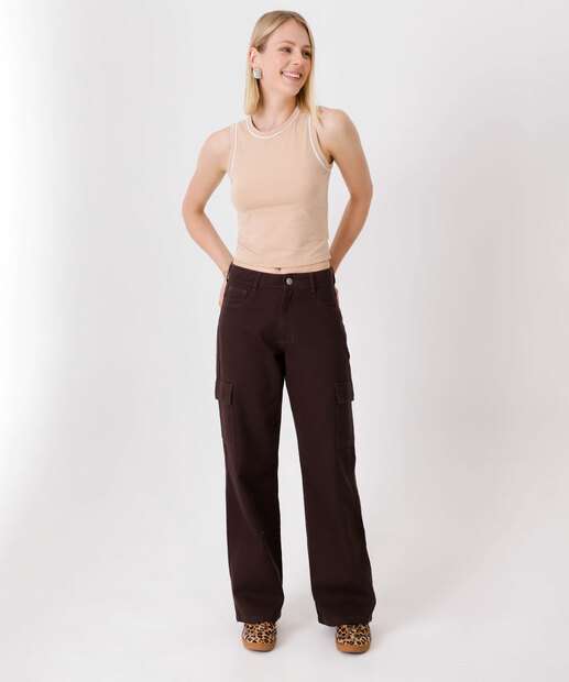 Calça Wide Leg Feminina Sarja Cargo Marisa