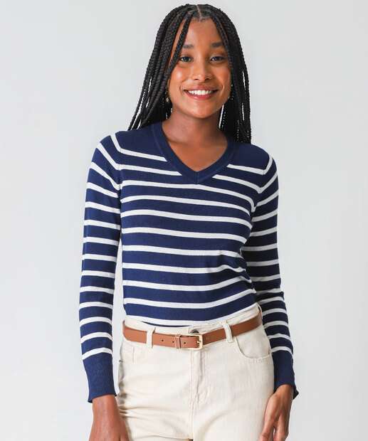 Image_Suéter Feminino Listrado Gola V Marisa Azul