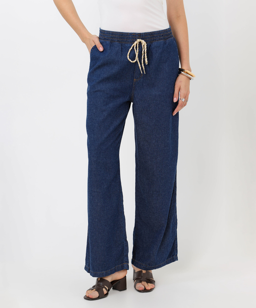 Calça Wide Leg Jeans Feminina Amarração Marisa Azul
