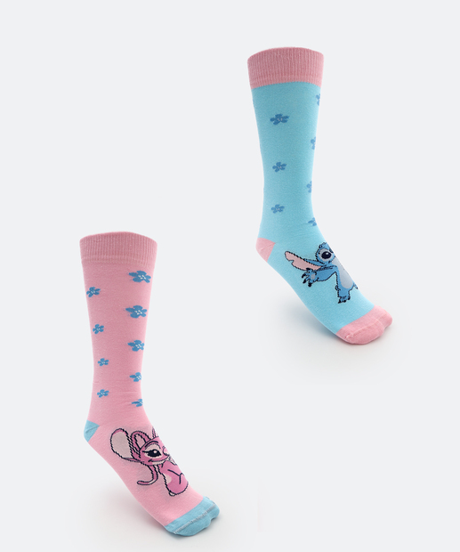 Image_Kit 2 Meias Cano Longo Feminina Stitch Disney Rosa