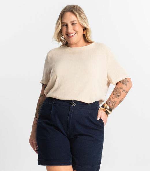 Blusa Manga Curta Plus Size Secret Glam Bege