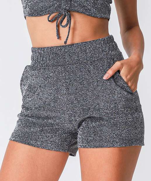 Short Cintura Alta Feminino Brilho Lurex Marisa Preto