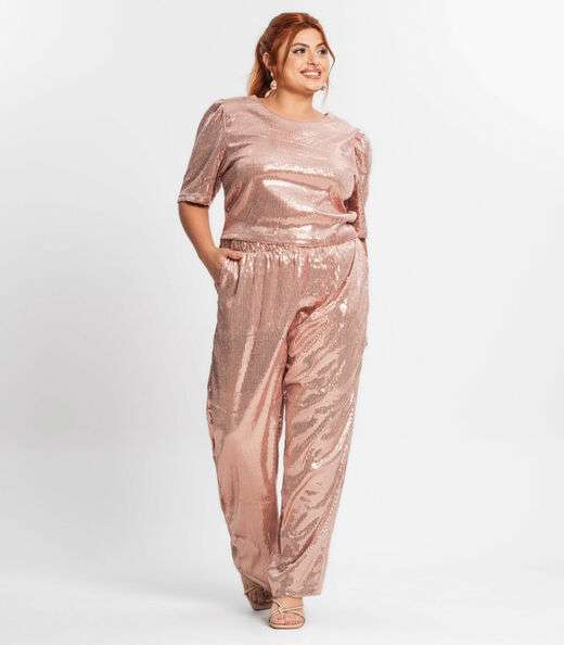 Calça Feminina Plus Size Em Paetê Secret Glam Rosa