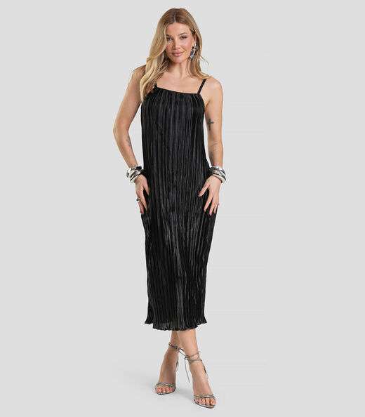 Image_Vestido Midi Feminino Plissado De Alça Dianna Preto