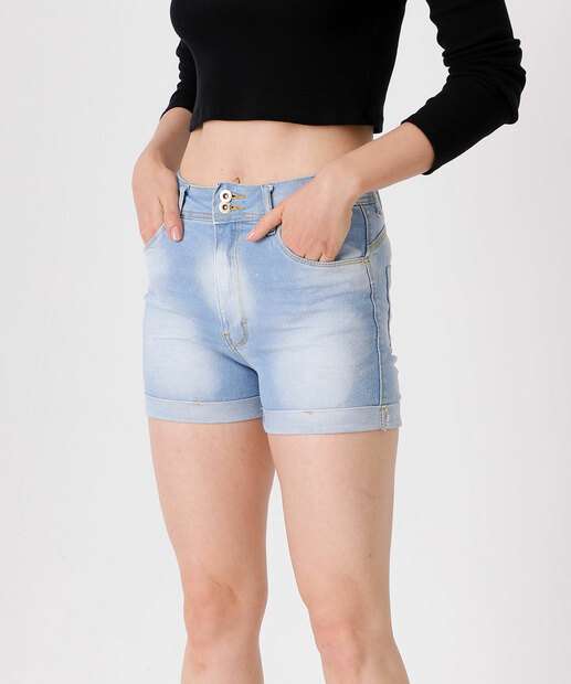 Short Jeans Feminino Cintura Alta Barra Dobrada 