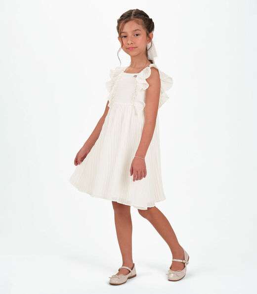 Vestido Chiffon Plissado Infantil Trick Nick Bege