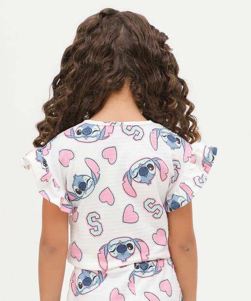 Blusa Infantil Babado Estampa Stitch Disney Tam 4 a 10