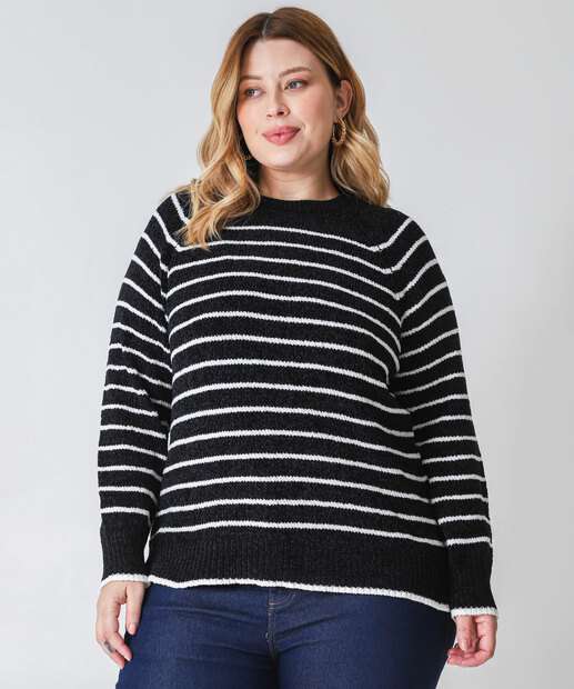Image_Suéter Plus Size Feminino Chenille Listrado Marisa Preto