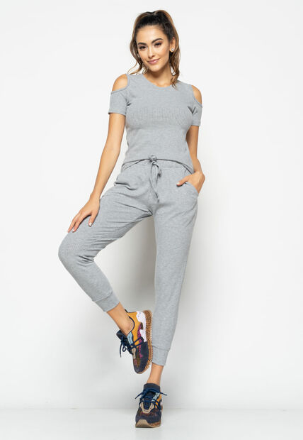 Conjunto  Comfy Com Blusa Ombro Vazado e Jogger Canelada Mescla Salvatore Fashio