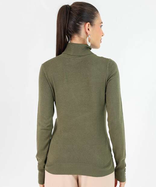 Suéter Feminino Tricô Gola Alta Botões Marisa Verde