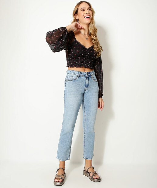 Blusa Cropped Feminina Tule Estampa Floral Marisa 