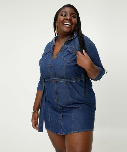 Vestido Plus Size Feminino Chemise Jeans Manga 3/4 Cambos