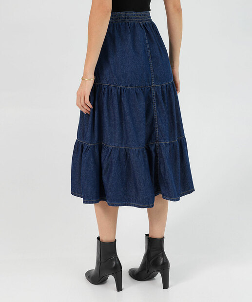 Saia Midi Jeans Feminina com Babados Marisa Jeans