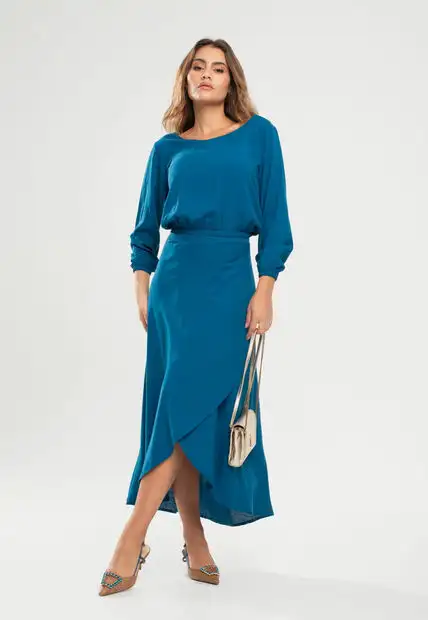 Cropped Gola Canoa Manga Longa Viscolinho Azul Salvatore Fashion