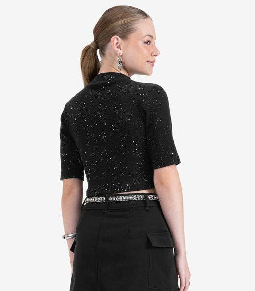 Blusa Juvenil Feminina Manga Curta em Ribana Minty Preto