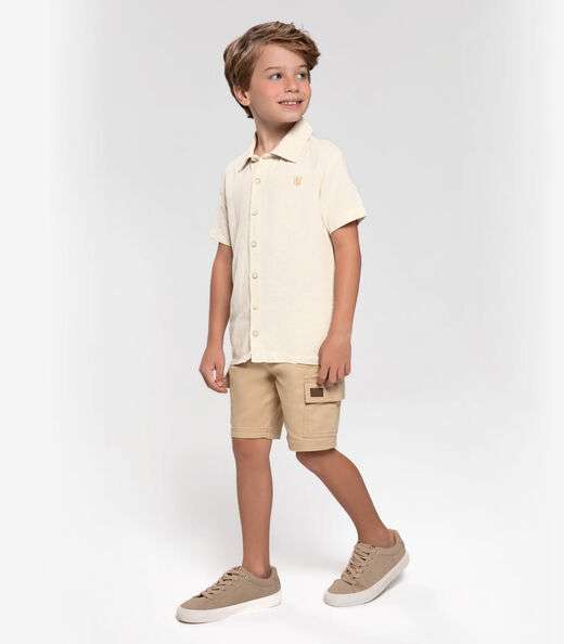 Camisa Infantil Masculina Em Linho Trick Nick Bege