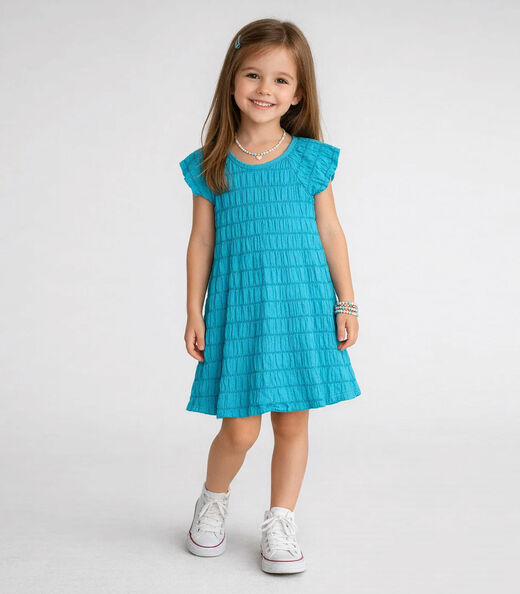 Vestido Infantil Com Franzido Na Manga Select Azul