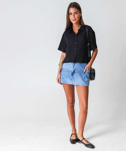 Camisa Cropped Feminina Lisa Manga Curta Marisa Preto