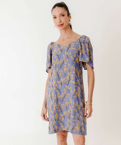 Vestido Feminino Manga Curta Estampa Folhagem Marisa