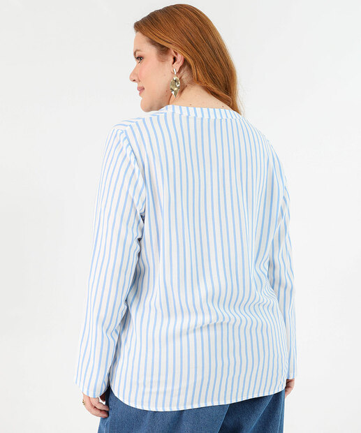Camisa Plus Size Feminina Listrada Manga Longa Marisa Azul